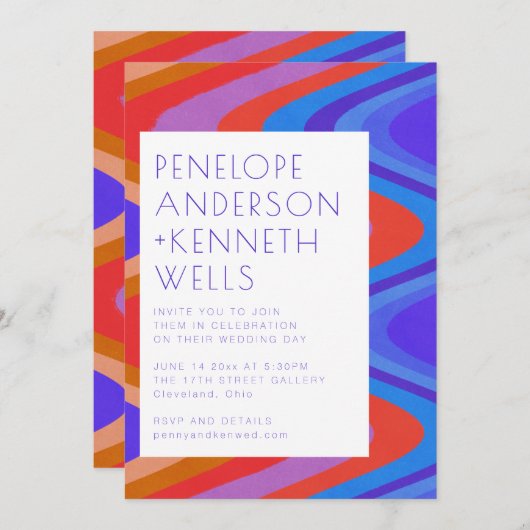 Groovy Curvy Lines Unique Retro Blue Red Weddensch Kaart (Voorkant / Achterkant)