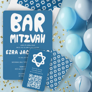 Groovy Custom QR CODE Bar Bat Mitzvah Blue Stars Informatiekaartje