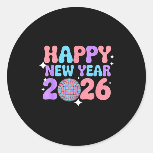 Groovy Cute Happy New Year 2026 Disco Ball  Ronde Sticker (Voorkant)