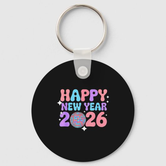 Groovy Cute Happy New Year 2026 Disco Ball  Sleutelhanger (Voorkant)