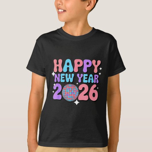 Groovy Cute Happy New Year 2026 Disco Ball  T-shirt (Voorkant)