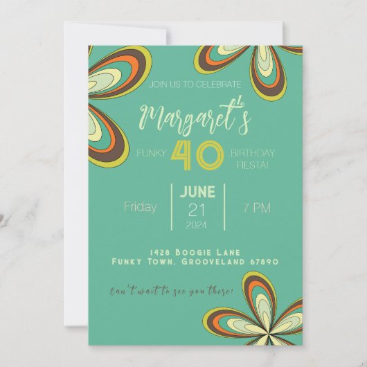 Groovy Cyan 40 Verjaardagsfeest 70s Hippie Bloem Kaart (Voorkant)