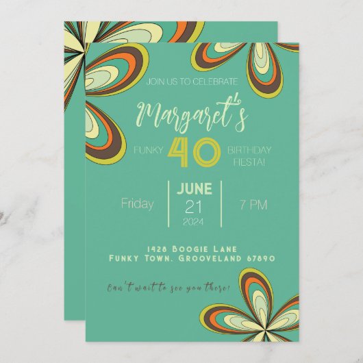 Groovy Cyan 40 Verjaardagsfeest 70s Hippie Bloem Kaart (Voorkant / Achterkant)