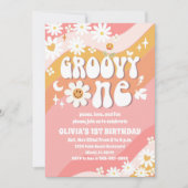 Groovy Daisy 1e verjaardagsuitnodiging Kaart (Voorkant)