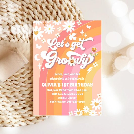 Groovy Daisy 1e Verjaardagsuitnodiging Kaart