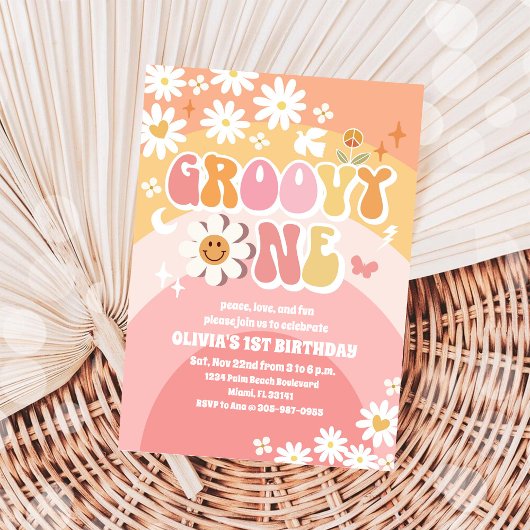Groovy Daisy 1e Verjaardagsuitnodiging Kaart