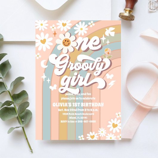 Groovy Daisy 1e Verjaardagsuitnodiging Kaart