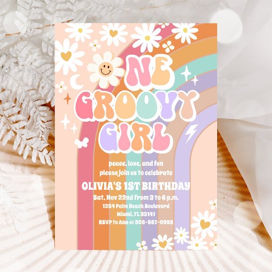 Groovy Daisy 1e verjaardagsuitnodiging Kaart