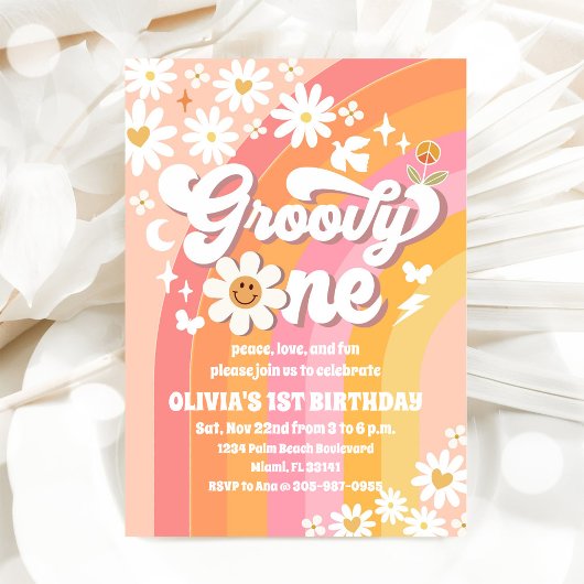 Groovy Daisy 1e verjaardagsuitnodiging Kaart