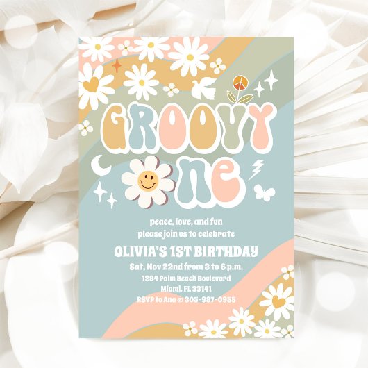 Groovy Daisy 1e verjaardagsuitnodiging Kaart
