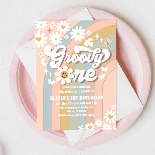 Groovy Daisy 1e Verjaardagsuitnodiging Kaart