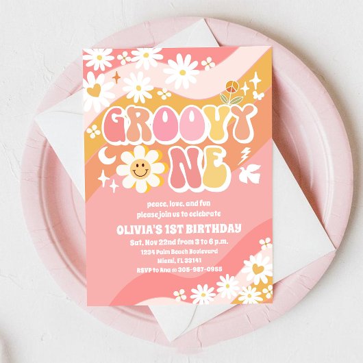 Groovy Daisy 1e Verjaardagsuitnodiging Kaart