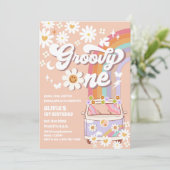 Groovy Daisy 1e Verjaardagsuitnodiging Kaart (Staand voorkant)