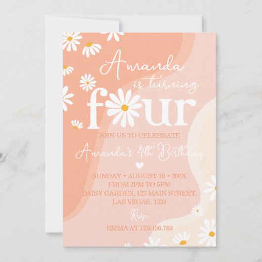 Groovy Daisy 4e verjaardag uitnodiging (Voorkant)