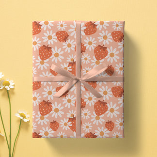 Groovy Daisy Aardbeienprint Zomer Lente Roze Cadeaupapier