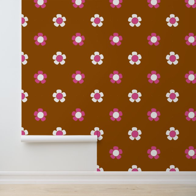 Groovy Daisy Bloem - Bruin, Hot Pink & Wit Behang (Applicatie)