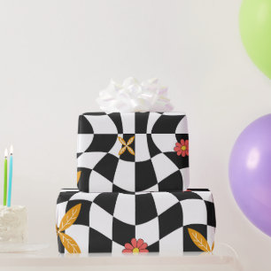Groovy Daisy Bloem Checkerboard, Y2K 90s Inpakken Cadeaupapier