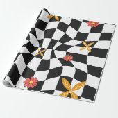 Groovy Daisy Bloem Checkerboard, Y2K 90s Inpakken Cadeaupapier (Uitgerold)