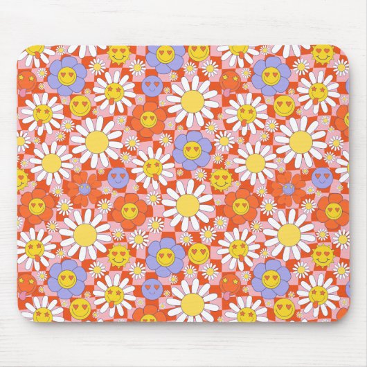 Groovy Daisy Bloemenschaakbord, Y2K 90s Muismat (Voorkant)