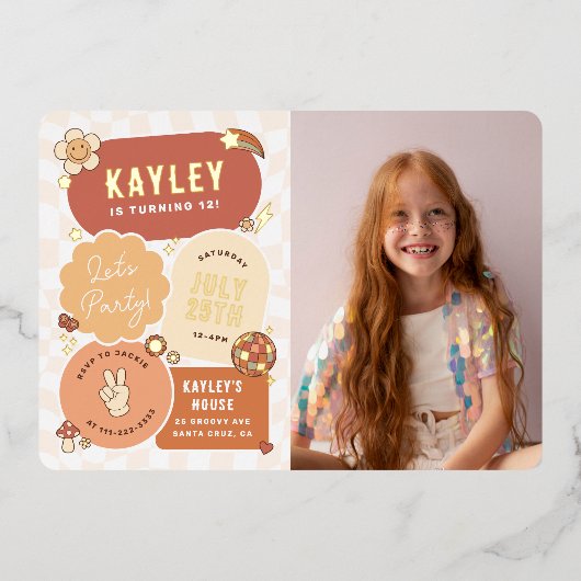 Groovy Daisy Boho Let's Party Foto Meisje Verjaard Folie Uitnodiging (Voorkant)