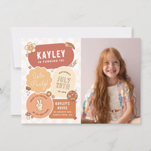 Groovy Daisy Boho Let's Party Foto Meisje Verjaard Kaart (Voorkant)