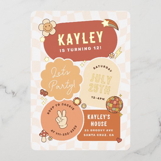 Groovy Daisy Boho Retro Let's Party Girl Verjaarda Folie Uitnodiging (Voorkant)