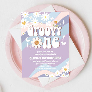Groovy Daisy Eerste Verjaardagsuitnodiging Kaart