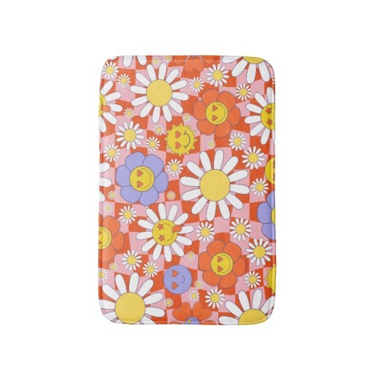 Groovy Daisy Floral Checkerboard, Y2K 90s Badmat (Voorkant Verticaal)