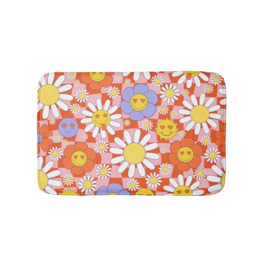 Groovy Daisy Floral Checkerboard, Y2K 90s Badmat (Voorkant)