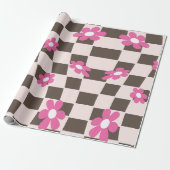Groovy Daisy Floral Checkerboard, Y2K 90s Cadeaupapier (Uitgerold)