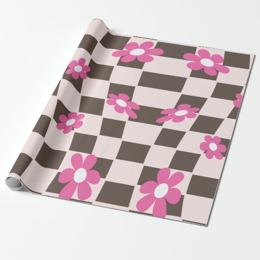 Groovy Daisy Floral Checkerboard, Y2K 90s Cadeaupapier (Uitgerold)