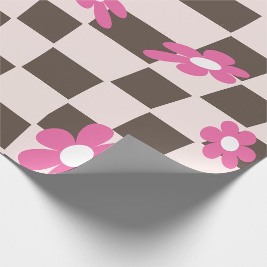 Groovy Daisy Floral Checkerboard, Y2K 90s Cadeaupapier (Hoek)