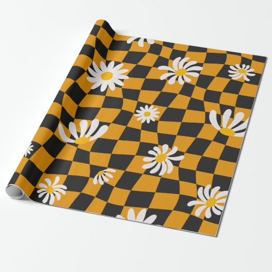 Groovy Daisy Floral Checkerboard, Y2K 90s Cadeaupapier (Uitgerold)