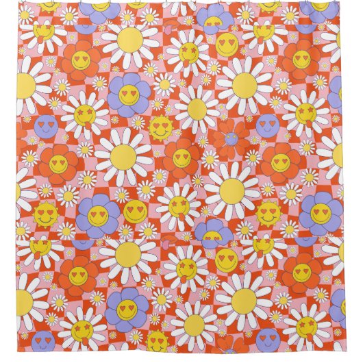 Groovy Daisy Floral Checkerboard, Y2K 90s Douchegordijn (Voorkant)