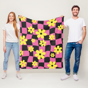 Groovy Daisy Floral Checkerboard, Y2K 90s Fleece Deken