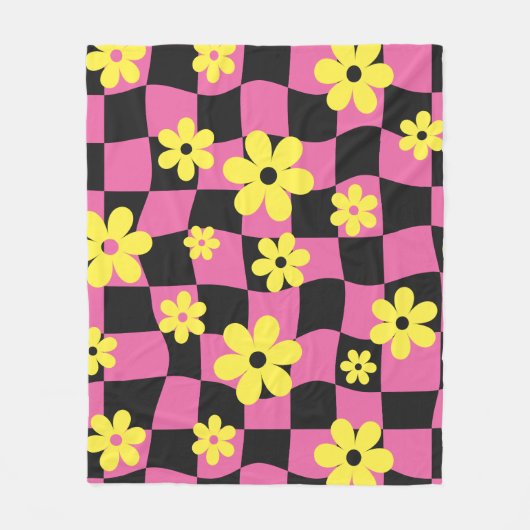 Groovy Daisy Floral Checkerboard, Y2K 90s Fleece Deken (Voorkant)