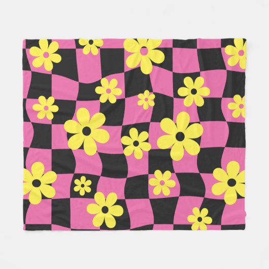 Groovy Daisy Floral Checkerboard, Y2K 90s Fleece Deken (Voorkant (Horizontaal))