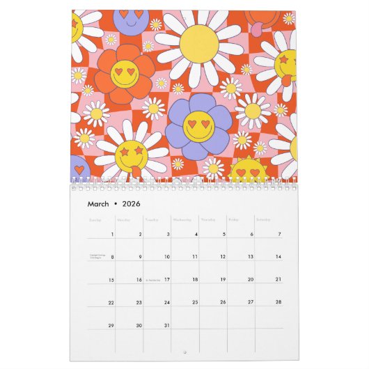 Groovy Daisy Floral Checkerboard, Y2K 90s Kalender (Mar 2026)