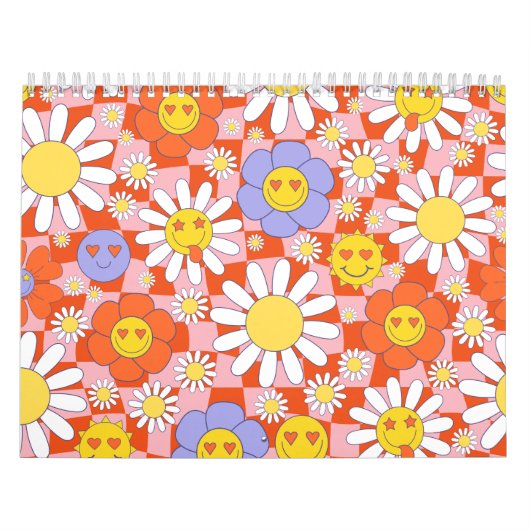 Groovy Daisy Floral Checkerboard, Y2K 90s Kalender (Hoes)
