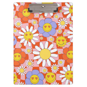 Groovy Daisy Floral Checkerboard, Y2K 90s Klembord