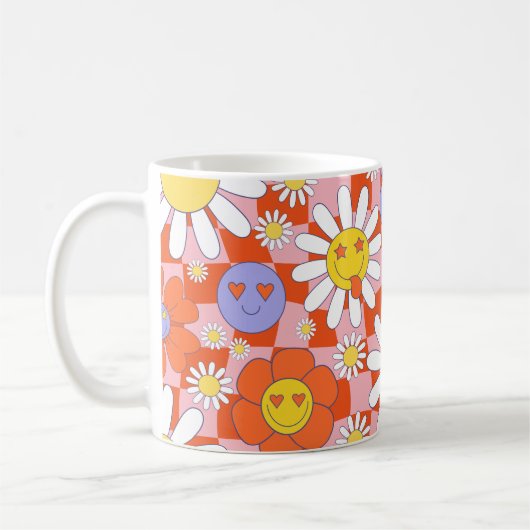 Groovy Daisy Floral Checkerboard, Y2K 90s Koffiemok (Links)