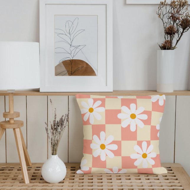 Groovy Daisy Floral Checkerboard, Y2K 90s Kussen (Creator heeft geüpload)