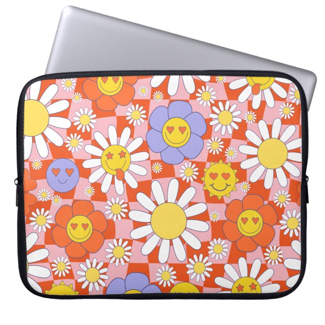 Groovy Daisy Floral Checkerboard, Y2K 90s Laptop Sleeve (Voorkant)