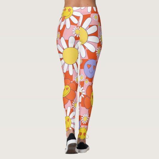 Groovy Daisy Floral Checkerboard, Y2K 90s Leggings (Achterkant)