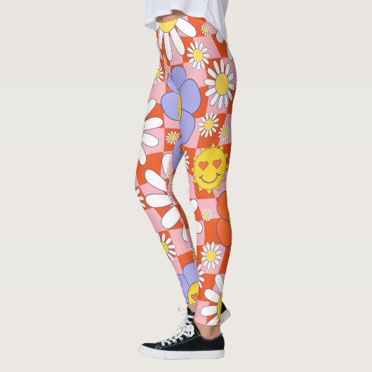 Groovy Daisy Floral Checkerboard, Y2K 90s Leggings (Links)