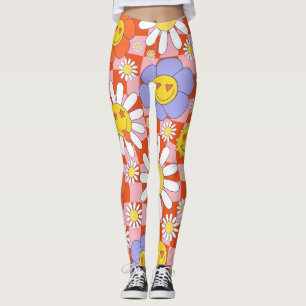 Groovy Daisy Floral Checkerboard, Y2K 90s Leggings