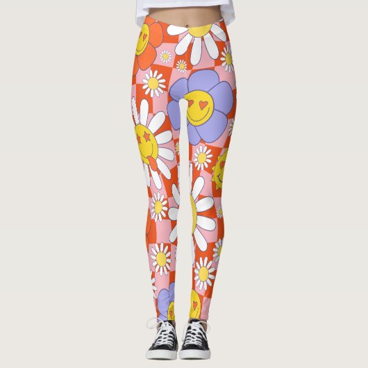Groovy Daisy Floral Checkerboard, Y2K 90s Leggings (Voorkant)