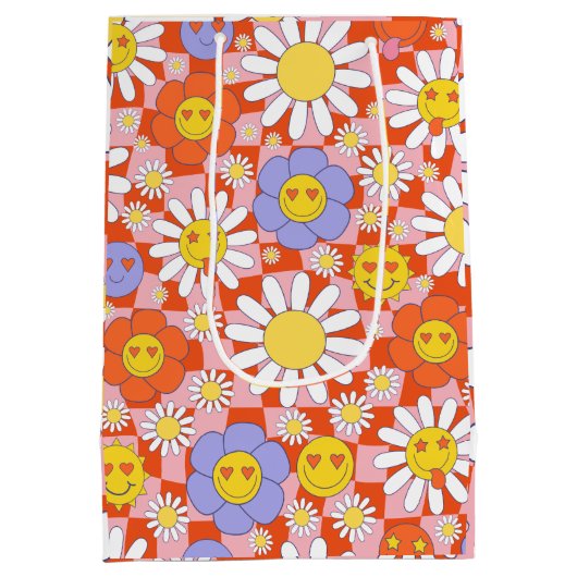 Groovy Daisy Floral Checkerboard, Y2K 90s Medium Cadeauzakje (Achterkant)