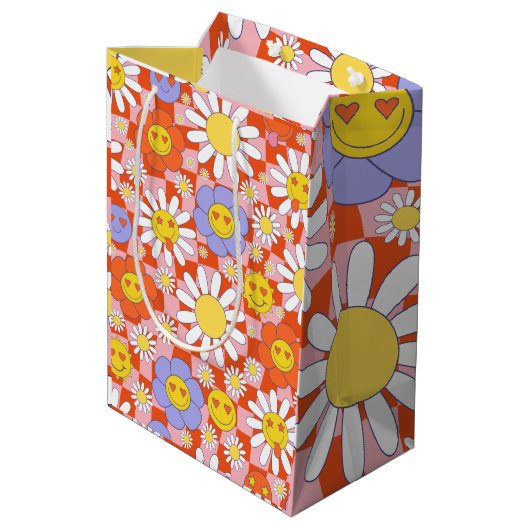 Groovy Daisy Floral Checkerboard, Y2K 90s Medium Cadeauzakje (Achterkant Gekanteld)