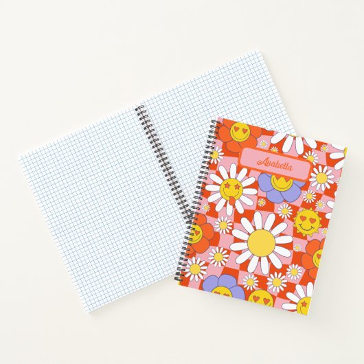 Groovy Daisy Floral Checkerboard, Y2K 90s Notitieboek (Binnen)